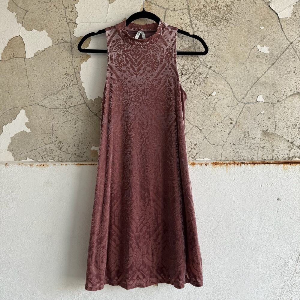 Y2K Mudd Dress‎ Velvet Dusty Rose Paisley Mock Neck Sleeveless Mini Swing Size S